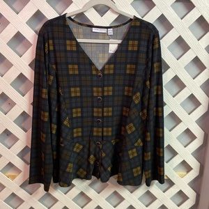 Susan Graver Printed Liquid Knit Button Front PeplumTop Charcoal/Pecan XL